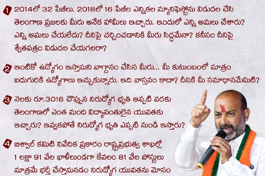 Bandi Sanjay writes open letter to KCR, raises 1,000 questions on 8 years of TRS rule