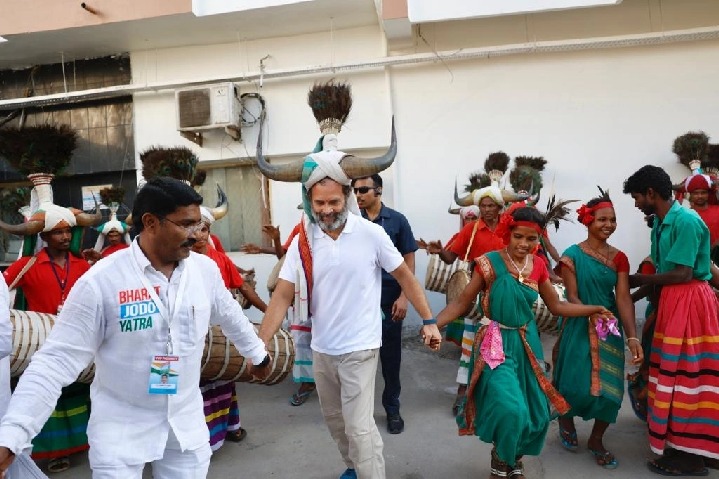 Rahul Gandhi shakes a leg with tribals in Telangana