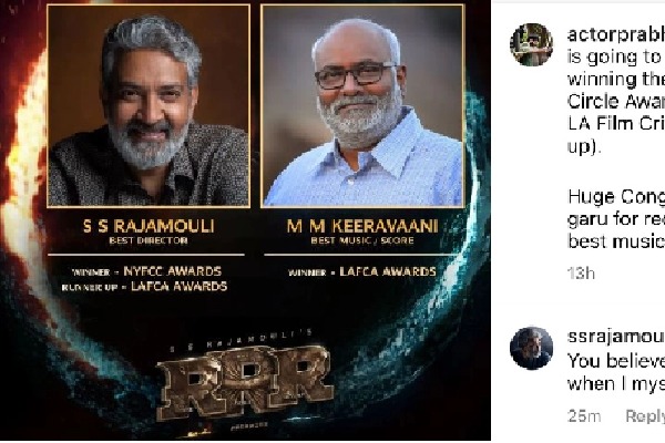 'Thank your darling', says Rajamouli, as Prabhas cheers 'RRR' accolates