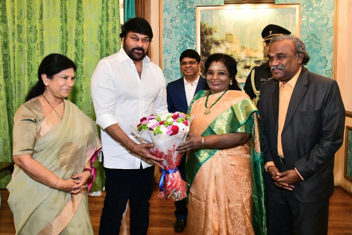 Telangana Governor felicitates Chiranjeevi