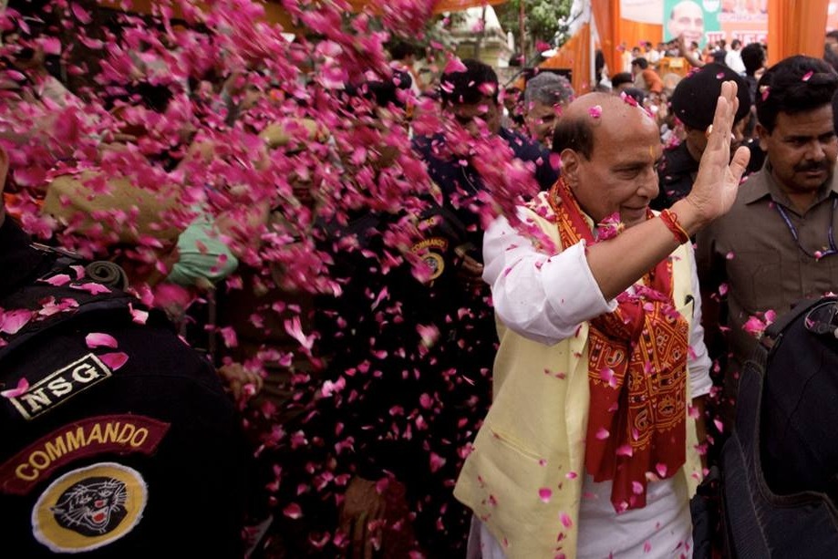 Union Minister Rajnath Singh files nomination from Lucknow, CMs Yogi, Dhami join roadshow