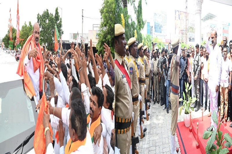 MoS Bandi Sanjay Kumar arrives in Karimnagar to rousing welcome