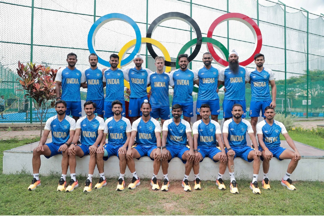 Indian men's hockey team poses in Olympic jersey