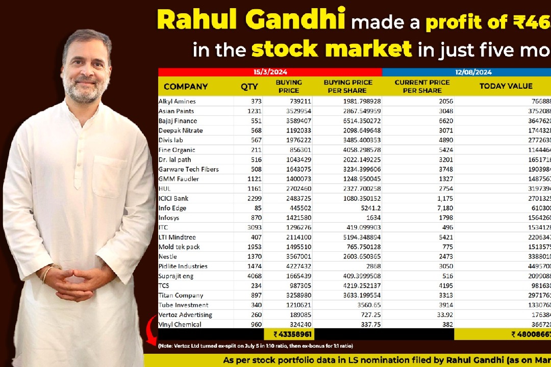 Rahul Gandhi made Rs 46.5 lakh profit in just 5 months amid stock market boom in Modi 3.0