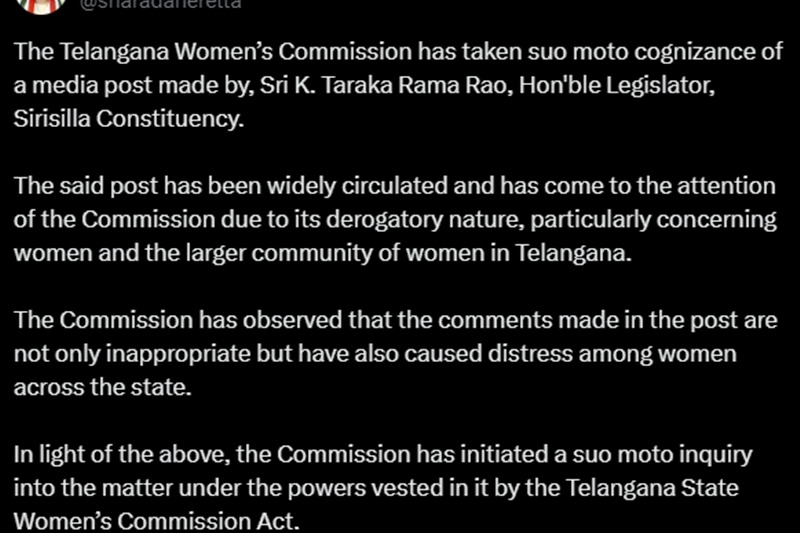 Telangana Women's Commission orders probe into KTR's remarks