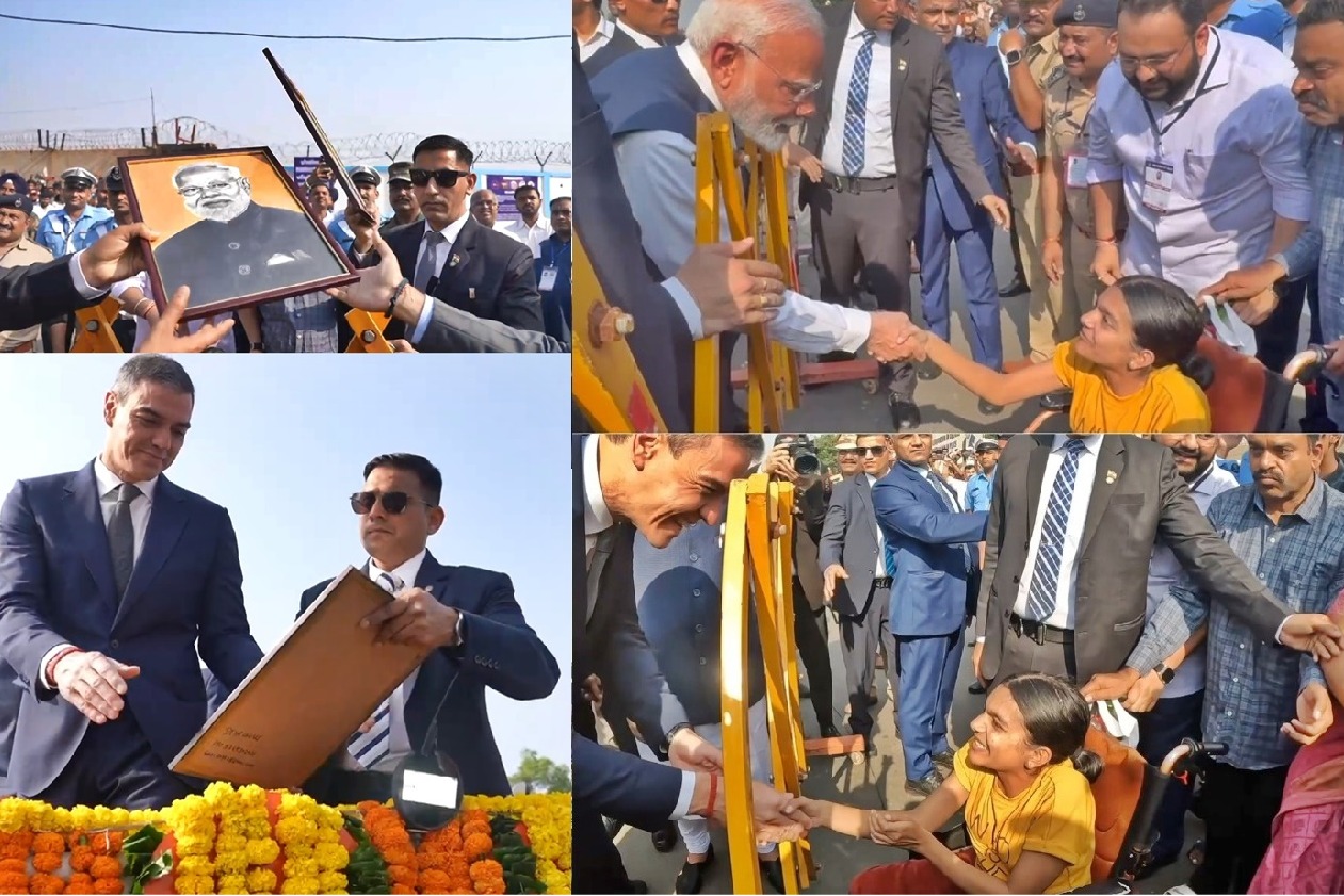 PM Modi, Spanish Prez greet specially-abled girl as she gifts them portraits during Vadodara roadshow