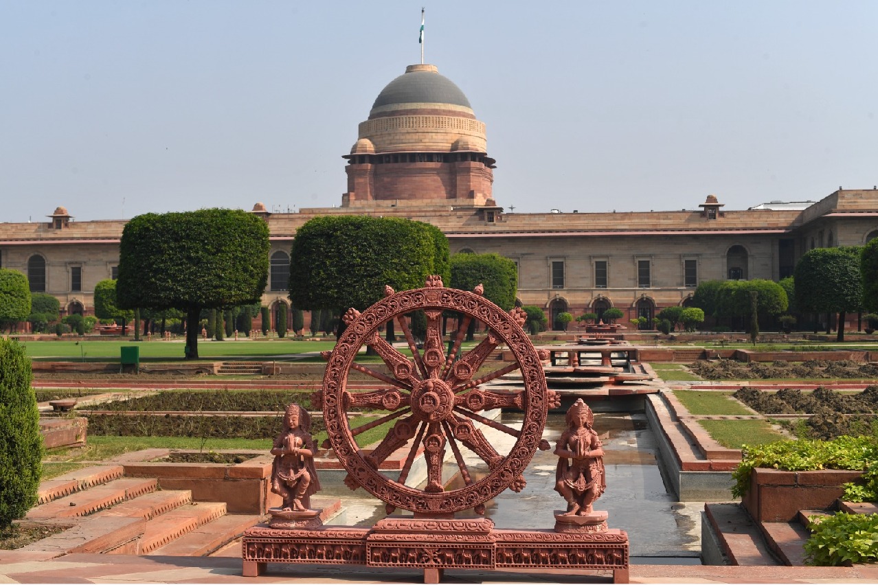 Four sandstone-made replicas of Konark wheels installed at Rashtrapati Bhavan