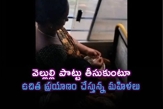 Women peels garlic while free traveling in TSRTC bus